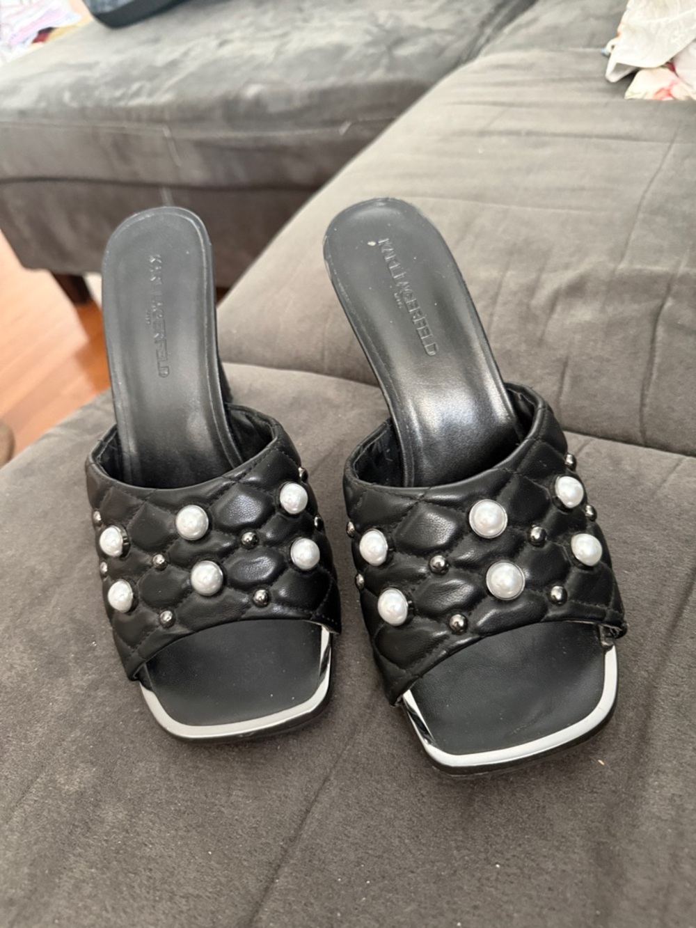 Charles David Black Quilted Pearl-Embellished Slide Mules